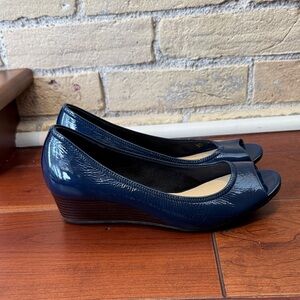 Cole Haan Navy Patent Leather Peep-Toe Wedge Shoes